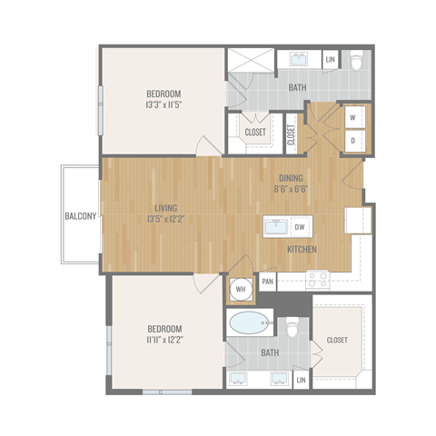 Floor plan for 2 beds, 2 baths, 1122 sqft